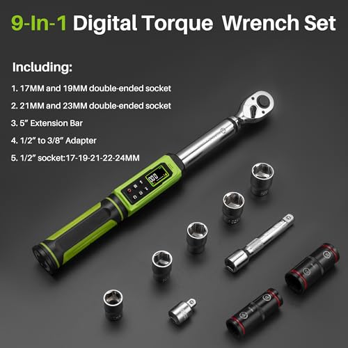 1/2" Digital Torque Wrench-2-147.5Ft.Lb for Car Motorcycle Repair | Electric Torque Wrench 1/2 Drive(3-200N.m), Vibration Buzzer LED Indicator,±2% Accuracy Five Units for Bike Tire Auto Repair - style: 1/2" 2.2-147.5Ft.Lb Set