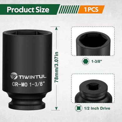 1-3/8" Deep Impact Socket 1/2 Inch Drive for Large Vehicles | CR-MO Steel Impact Socket, 3.07" Length, 6 Point Design, SAE Size, Axle Nut Socket for Easy Removal of Axle Shaft Nuts - size: 1-3/8" (Deep)