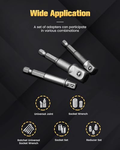 BOEN Impact Grade Socket Adapter Set, 3-PCS Drill Bit Adapter with Bit Holder, Sizes 1/4", 3/8", 1/2", 1/4-Inch SAE Hex Shank, Cr-V, for Cordless Drill & Screwdriver, Power Drill & Driver - size: 3PCS SAE