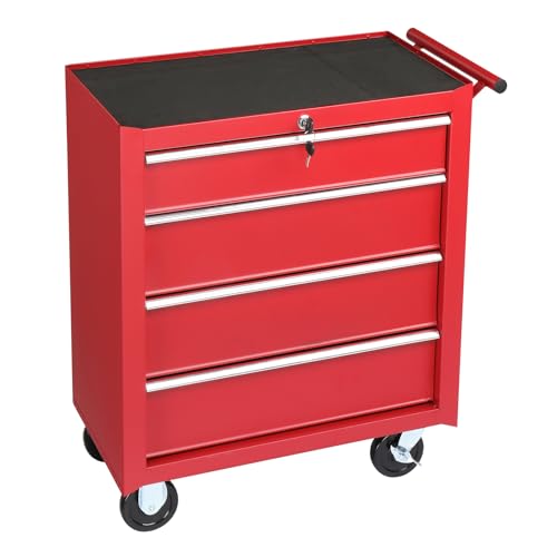 Winado 4 Drawer Rolling Tool Cabinet, Lockable Steel Tool Chest, Red | Heavy Duty Metal Garage Workshop Storage Cart with Top Tray, Side Handle, Locking Drawer and Wheels for Repair Shop - color: Red