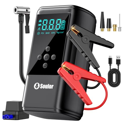 Jump Starter with Air Compressor, 6000A Car Battery Jumper Starter with 160 PSI Tire Inflator Portable, LED Display for 10L Diesel All Cars Engines, Jumper Cables and Light - color: 6000A