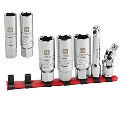 LLNDEI 3/8 7PCS Drive Spark Plug Socket, 14mm, 18mm, 5/8-inch, 3/4-inch, 13/16-inch, SAE & Metric, CR-V Steel Mirror Finish Thin Wall Spark Plug Sockets - size: 3/8 inch drive