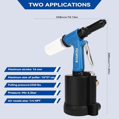 Heavy Duty Pneumatic Rivet Gun with 3/32", 1/8", 5/32", 3/16" Rivet Heads | 3500 lbf Rivet Gun Set for Automotive, Construction, Manufacturing Industries - color: Blue, size: 4 Nozzles
