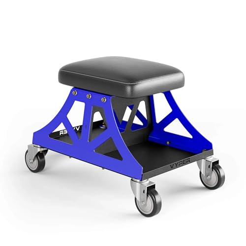 Vyper Low Pro Garage Stool with Removable Seat for Mechanics, Blue Frame | Robust steel garage stool with 400 lb capacity, large industrial casters, foam seat, tool tray, and red frame for auto or DIY - color: Black Seat, Blue Frame