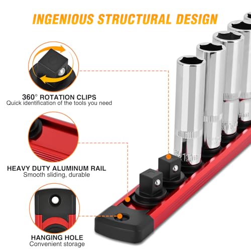 GOOACC Magnetic Socket Organizer 3/8 Inch Socket Holder with 14 360° Swivel Clips Heavy Duty Aluminum Socket Rail Organizer for Tool Box Drawer, Red 1 Piece 3/8" Drive Magnetic Socket Rails Holders - size: Rail Magnetic 1PC 3/8" Red