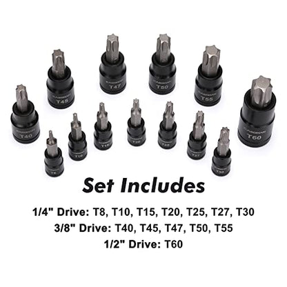 CASOMAN 25 Piece Torx Bit Socket and External Socket Set, 13 Star Socket Bits (T8- T60)& 12 Female E-Torx Sockets (E4-E22) - size: 25-Piece (T8-T60 & E4-E22)