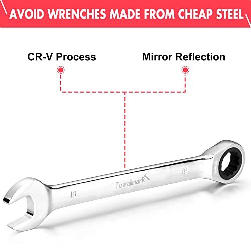 Towallmark 20-Piece Ratcheting Combination Wrench Set, Combo Ratchet Wrenches Set, 72 Teeth, SAE 1/4-3/4"& Metric 6-19mm, Chrome Vanadium Steel with Storage Bag