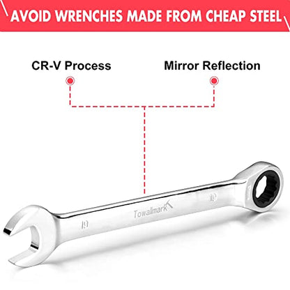 Towallmark 20-Piece Ratcheting Combination Wrench Set, Combo Ratchet Wrenches Set, 72 Teeth, SAE 1/4-3/4"& Metric 6-19mm, Chrome Vanadium Steel with Storage Bag