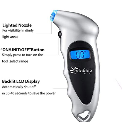 PINKJOY Digital Tire Pressure Gauge 150 PSI, 4 Settings, Tire Gauge for Car, Truck, Motorcycle, Bicycle with Backlit LCD and Non-Slip Grip (Silver) - color: Silver 1 Pack