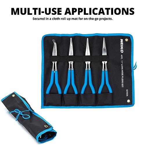 NEIKO 02105A (4) Long Nose Plier 11” Long Reach, Straight, Angle, Curved Pliers, 45 & 90 Degree, bent Head Needle Nose Pliers Set for Mechanics, Long Handle Pliers - style: Long Nose Pliers