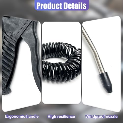 Air Blow Gun Kit, Heavy Duty Seat Blow Spray Tool with 16FT Long Coil Air Hose & T Adapter, Pneumatic Duster Gun Cleaning Nozzle Kit for Cars, Trucks, Semi Trailers