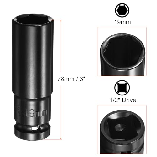 HARFINGTON Deep 6-Point Impact Socket 1/2" Drive 19mm Metric Socket 3" Length with 1/4" Hex Shank Adapter, CR-V Steel Socket Adapter Accessory Tool Set Kit for Hex Bolts Nuts - size: 19mm