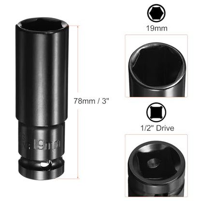 HARFINGTON Deep 6-Point Impact Socket 1/2" Drive 19mm Metric Socket 3" Length with 1/4" Hex Shank Adapter, CR-V Steel Socket Adapter Accessory Tool Set Kit for Hex Bolts Nuts - size: 19mm