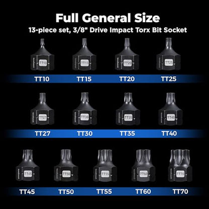 toolant 3/8"drive impact torx bit socket set 13PCS,Hex Drive,TT10-TT70, S2 Steel Air Drive Torx Socket set,Impact Grade，Anti-Roll Design - size: 3/8" drive - TT10-TT70 - 13 PCS