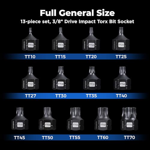 toolant 3/8"drive impact torx bit socket set 13PCS,Hex Drive,TT10-TT70, S2 Steel Air Drive Torx Socket set,Impact Grade，Anti-Roll Design - size: 3/8" drive - TT10-TT70 - 13 PCS