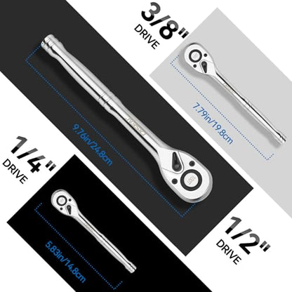 DISEN 3-Piece Standard Ratchet Set – 1/4", 3/8", 1/2" Drive with EVA Storage Tray | 100-Tooth Ratchet, Non-Slip Grip, Quick Release Button | Reversible Design with 3.6° Swing for Tight Spaces - size: 1/4''+3/8''+1/2'' Set, style: 100T Standard Ratchet Set