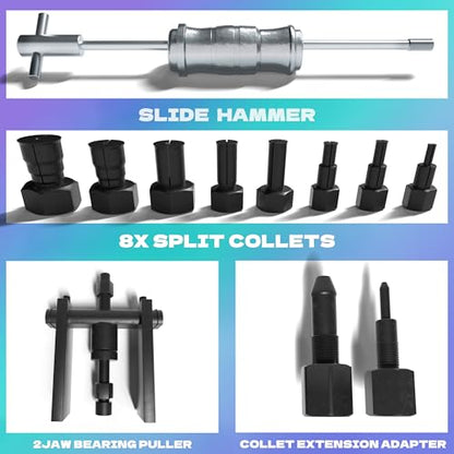 Blind Hole Bearing Puller Set 8-32mm with Slide Hammer - Motorcycle Bearing Removal Tool Kit with Expandable Collets for Wheel, Sprocket & Swingarm Bearing Puller - 12PC Mechanic Tool Set - size: 12pcs