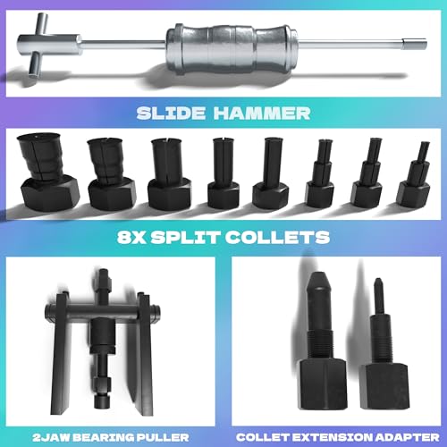 Blind Hole Bearing Puller Set 8-32mm with Slide Hammer - Motorcycle Bearing Removal Tool Kit with Expandable Collets for Wheel, Sprocket & Swingarm Bearing Puller - 12PC Mechanic Tool Set - size: 12pcs