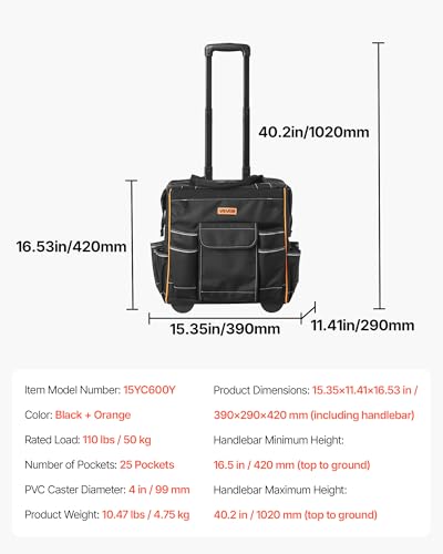 VEVOR 15" Rolling Tool Bag, 110 lbs Load Capacity, 25 Pockets Heavy Duty Roller Tool Bag on Wheels, Adjustable Telescoping Handle & Stable Base, Toolbag Organizers w/Wheels for Construction, Mechanic - size: 15 in