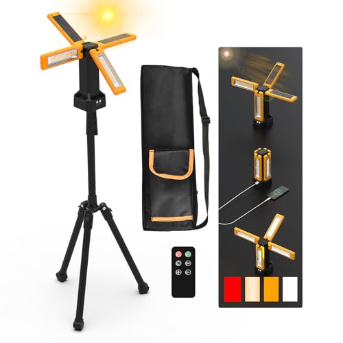 13200mAh Rechargeable Solar Work Light with Folding Stand and Carrying Bag, AODOO 8000 Lumen Stepless Dimmable , White/Warm/Nature White/RED(SOS) with Detachable Tripod (Orange(Remote)) - color: Orange(Remote)
