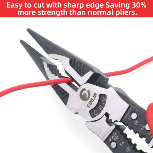 6-in-1 Needle Nose Pliers, 9" Multipurpose Long Nose Pliers with Wire Stripper/Crimper/Cutter Function, Heavy Duty Multifunctional Electrician Pliers for Crimping, Stripping, Shearing,etc.