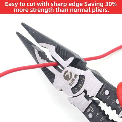 6-in-1 Needle Nose Pliers, 9" Multipurpose Long Nose Pliers with Wire Stripper/Crimper/Cutter Function, Heavy Duty Multifunctional Electrician Pliers for Crimping, Stripping, Shearing,etc.