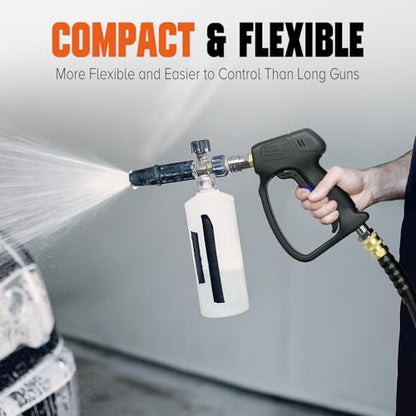 Short Pressure Washer Gun with 360°Swivel, 4000 PIS Power Washer Gun | Stubby High Pressure Washer Gun, 3/8" Male Plug, 1/4" Quick Connect, 5 Spray Nozzle, Car Wash Gun for Foam Cannon - color: Black-360° Swivel Inlet