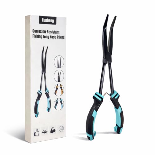 EUPHENG 11in Fishing Long Nose Pliers Carbon Steel Corrosion Resistant PTFE Coated Hook Remover Saltwater & Freshwater with Return Spring Needle Nose Pliers Straight & Bent Jaws for Bass Snook Trout - color: Blue （Bent Nose）