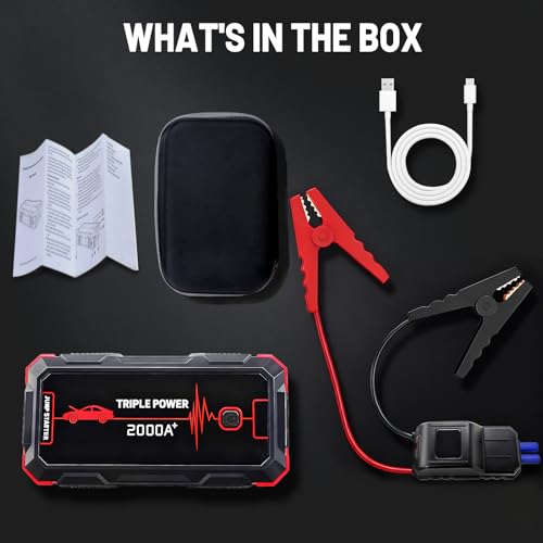 Portable Battery Jumper Starter 2000A Peak 12V Car Jump Starter & Power Booster — 12V Battery Jumper Starter Portable for Up to 6.0 L Gas / 4.0 L Diesel Engines Jump Box with LED Light