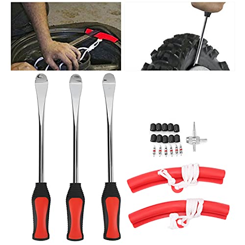 Tire Spoon Lever Iron Tool Set 45 Chrome Vanadium Steel Tire Changing Kit 4 in 1 with Ergonomic Handle Smooth Edge Valve Core Tool for DIY Motorcycle Bike ATV Repair