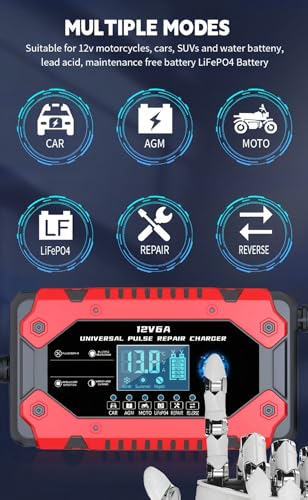 12V 6A Smart Battery Charger, Automatic Maintainer with Pulse Repair, Trickle Charger and Desulfator, Overcharge Protection, Temperature Compensation for Lead-Acid and Lithium Batteries