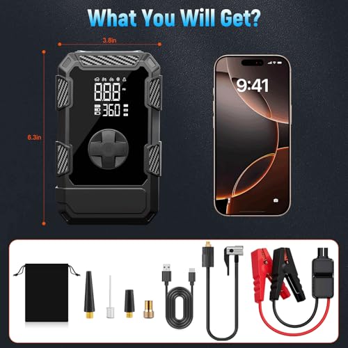 4000A Car Jumper Starter Portable with Air Compressor, 12V Battery Jump Starter with Tire Pump 150PSI for 10L Gas Diesel Engines, Car Battery Jumper Box Pack Combo with LED Light, Father Day Gift