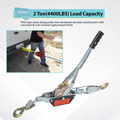 2 Ton Dual Gear Power Puller, 2 Hook Steel Cable Dual Gear Power Ratchet Come Along Puller Tool with Cable Automotive Hoist Hand Winch Cable Puller Stretcher Lift 4400 Lbs - size: 2-Ton