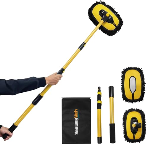 YeewayVeh Car Wash Brush Mop with Long Handle, 55" Car Wash Brush with 2 Replaceable Microfiber Mop Heads, 15° Curved Extension Pole Auto Cleaning Wash Kit for Truck SUV RV Camper, Yellow - color: Yellow & Black