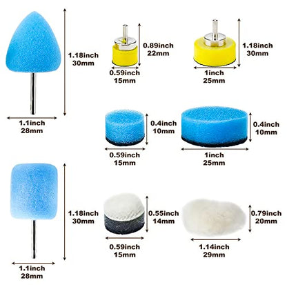 SI FANG 22 Pcs Mini Buffing Polishing Pads Kit, Car Details Mini Polisher Foam Pads for Drill Rotary Tool Buffer Tight Area Detailing Paint Polish Waxing & Glaze, Interior Headlight Door Handles