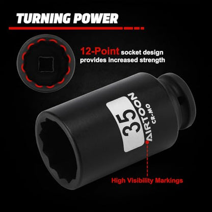 1/2" Drive 12-Point Axle Nut Spindle Impact Socket Set, 8-Piece Deep Impact Socket Set, Cr-Mo, 14mm 17mm 19mm, 30mm 32mm 34mm 35mm 36mm Metric Socket, With Storage Case - size: 30MM-36MM