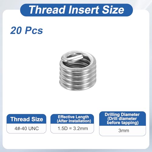 PATIKIL Wire Thread Inserts 4#-40 UNC 1.5D 3.2mm, 20Pcs 304 Stainless Steel Helical Coiled Wire Screw Threaded Sleeve Sheath for Mechanical Equipment Automotive Repairs - size: 4#-40 UNC, 3.2mm