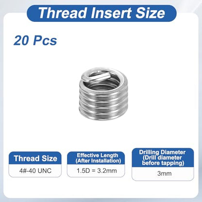 PATIKIL Wire Thread Inserts 4#-40 UNC 1.5D 3.2mm, 20Pcs 304 Stainless Steel Helical Coiled Wire Screw Threaded Sleeve Sheath for Mechanical Equipment Automotive Repairs - size: 4#-40 UNC, 3.2mm
