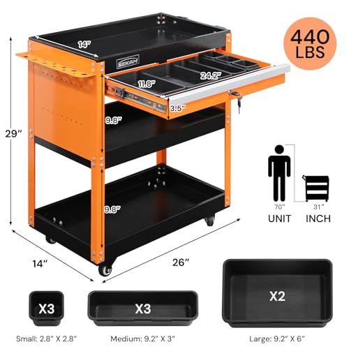 SEKAM 3-Tier Rolling Tool Cart: Heavy Duty Mechanic Service Cart with Drawer for Garage & Warehouse – Metal Utility Trolley Organizer with Locking Wheels & Screwdriver Holder (440LBS Capacity)