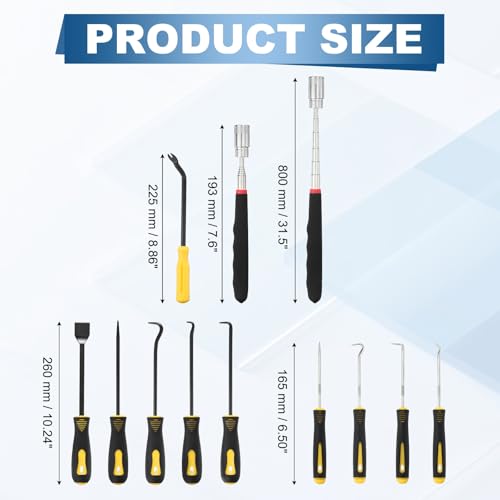 11Pcs Hook and Pick, Straight Head Magnetic Pickup Tool Large Small Hook Short Pry Bar Gasket Scraper for Remove Hoses Gaskets Car Panel Fastener, Yellow - color: Yellow