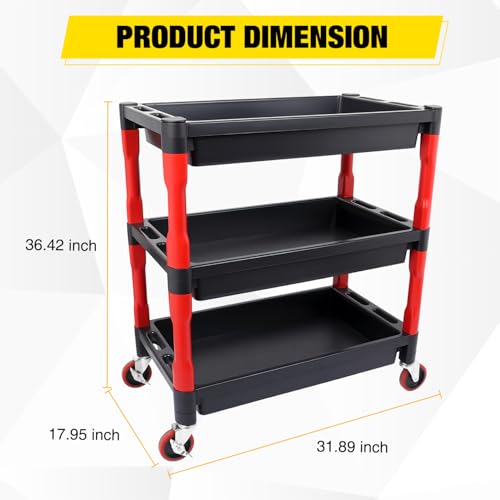 3-Tier Rolling Utility Cart with 4" Swivel Wheels, Heavy-Duty Plastic Tool Cart for Auto Detailing, Garage & Workshop - size: 3-Tier