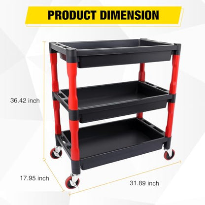 3-Tier Rolling Utility Cart with 4" Swivel Wheels, Heavy-Duty Plastic Tool Cart for Auto Detailing, Garage & Workshop - size: 3-Tier