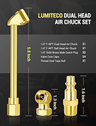 2 Way Connection Air Chuck Set - 1/4 Inch Female NPT Closed Ball Heavy Duty Dual Head and Standard Male Quick Plug Tire Air Fill Kit - size: Golden Head