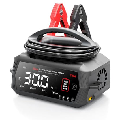 30 Amp Battery Charger, 6V/12V/24V Lithium LiFePO4 Lead Acid Smart Car Battery Charger, Automotive Maintainer Trickle Charger for Car, SUV, Motorcycle, Boat, Lawn Mower - color: 30A-black