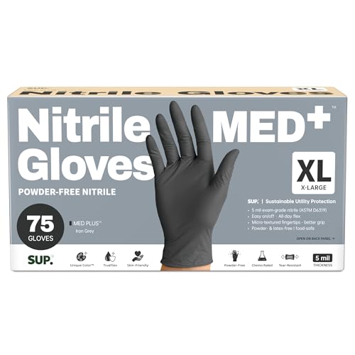 SUP MED+ Black Nitrile Exam Gloves, 5 Mil Disposable Gloves Latex & Powder-Free Medical Food Safe Cooking Glove, 75 or 750 Ct - color: 100 X-large (Black)
