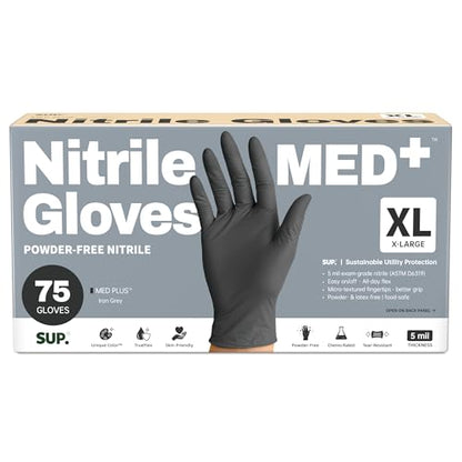 SUP MED+ Black Nitrile Exam Gloves, 5 Mil Disposable Gloves Latex & Powder-Free Medical Food Safe Cooking Glove, 75 or 750 Ct - color: 100 X-large (Black)