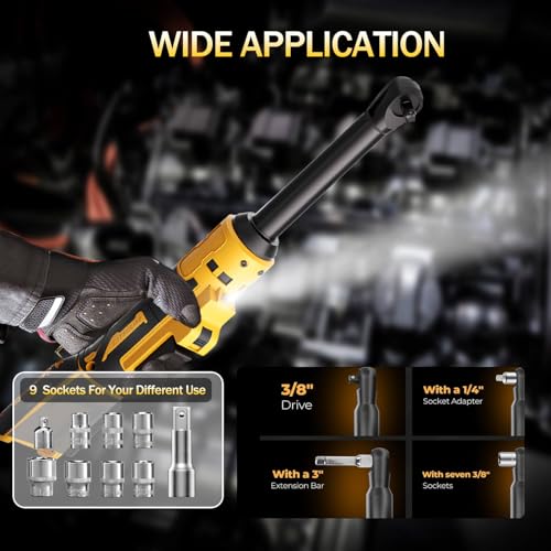 3/8" Cordless Ratchet Wrench Compatible with Dewalt 20V MAX Batteries(No Battery) 6.3-inch Extended Power Electric Ratchet Wrench With Led&Tool Bag,9 Sockets,Adapters & 3 Inch Extension Bar - color: Black
