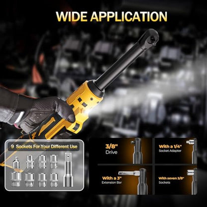 3/8" Cordless Ratchet Wrench Compatible with Dewalt 20V MAX Batteries(No Battery) 6.3-inch Extended Power Electric Ratchet Wrench With Led&Tool Bag,9 Sockets,Adapters & 3 Inch Extension Bar - color: Black