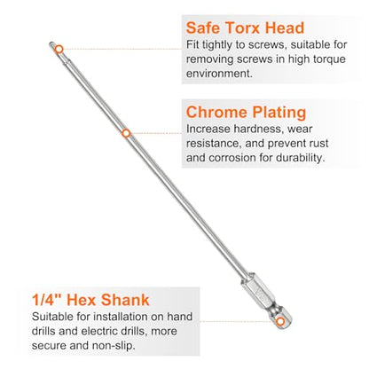 HARFINGTON 2pcs T10 Security Torx Bit 1/4" Hex Shank 6" Long S2 Steel Magnetic Tamper Resistant Star Bits Screwdriver Torx Head with Hole for Driver Drill Bits Remove Fastening Screws - size: T10