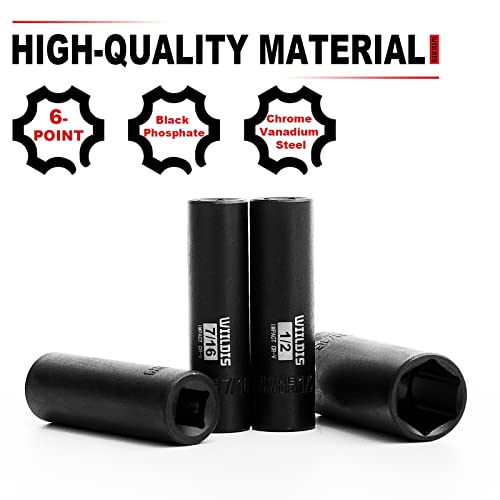 WIILDIS 11 Pieces 3/8-Inch Drive Deep Impact Socket Set, 5/16 to 1 inch, CR-V, SAE, 6 Point, Deep, 11 Pieces 3/8" Dr. Socket - size: SAE - 11pcs